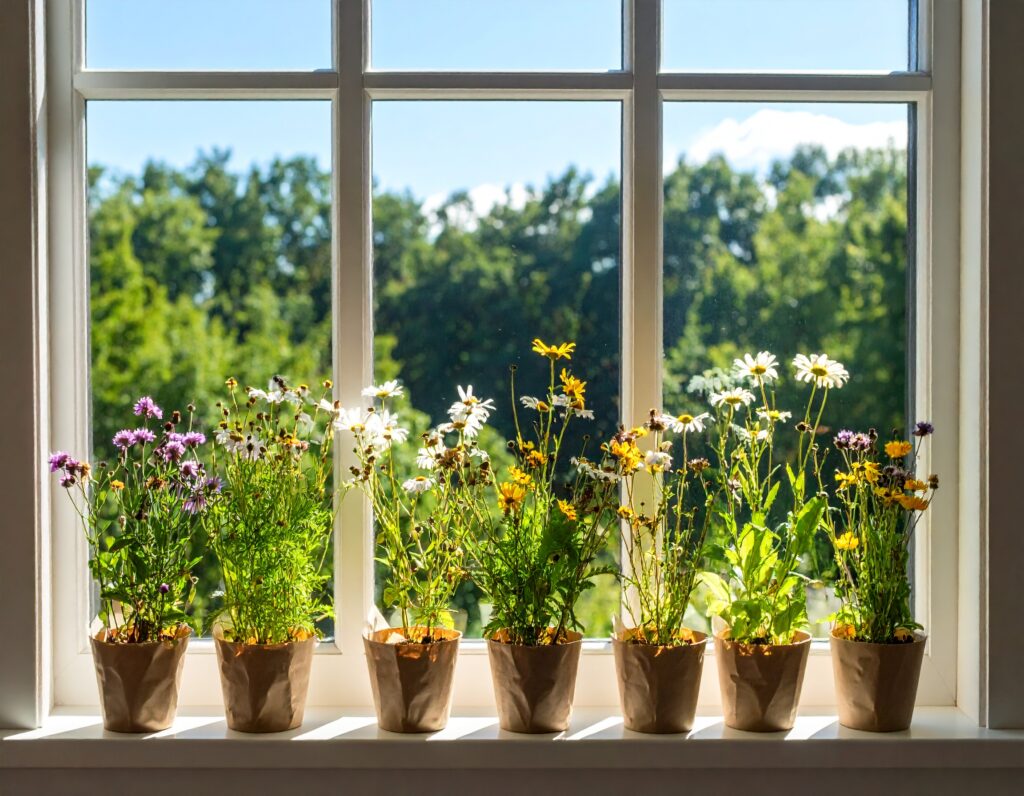 seed paper growing in window sill